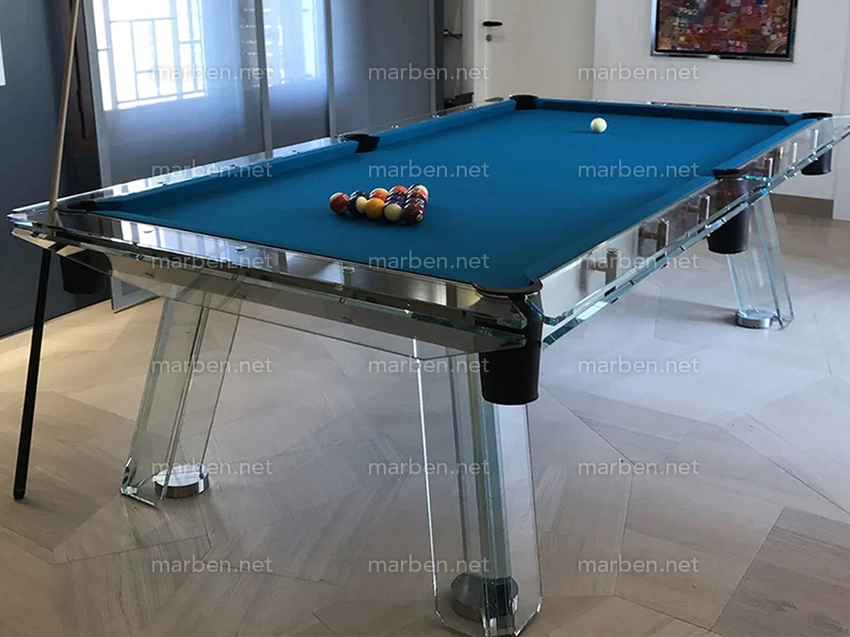 MESA DE BILLAR LUXURY GLASS1,  DE CRISTAL TEMPLADO ESTRUCTURA DE ACERO INOXIDABLE, 7FT ó 8FT